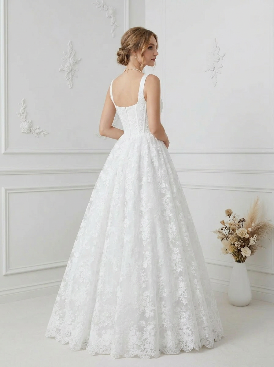 Diamond White Ball-Gown Square Neckline Lace Wedding Dress